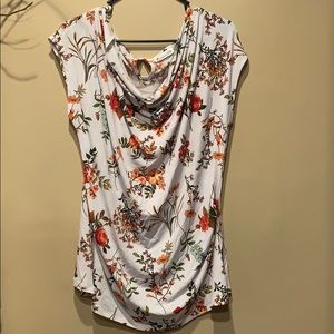 White floral short sleeve blouse with cowl neck